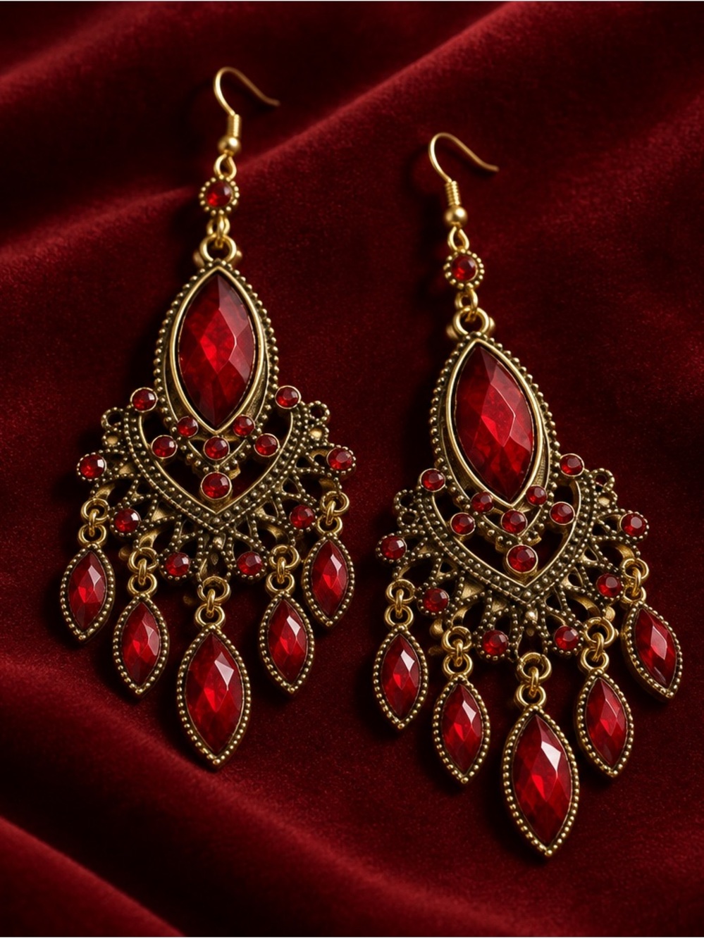 Fashion Jewelry Red Crystal Chandelier Earrings - Gold Tone